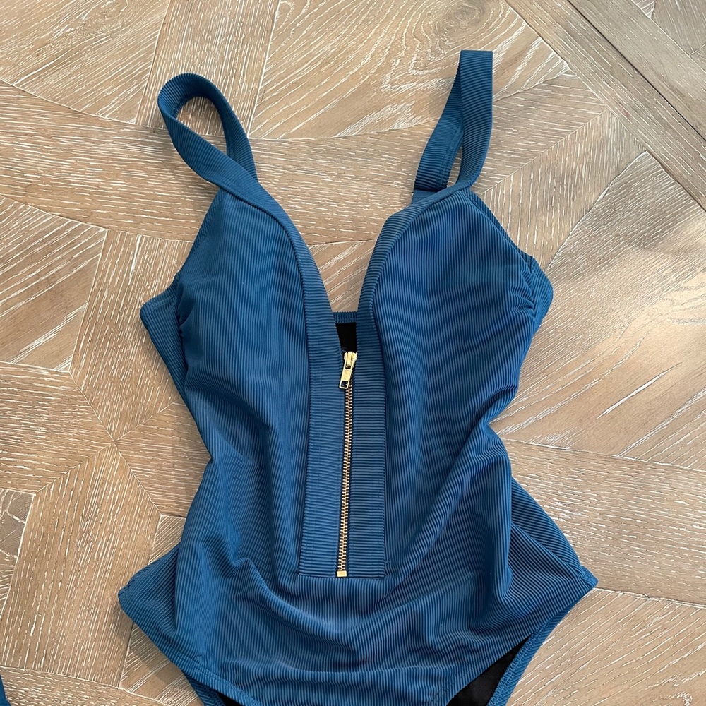 Kona Sol teal one piece bathing suit zipper small